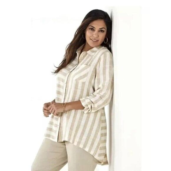 Soft Surroundings Size L Camina Linen Blend Button Down Tunic Stripe Cream Brown - Picture 8 of 8